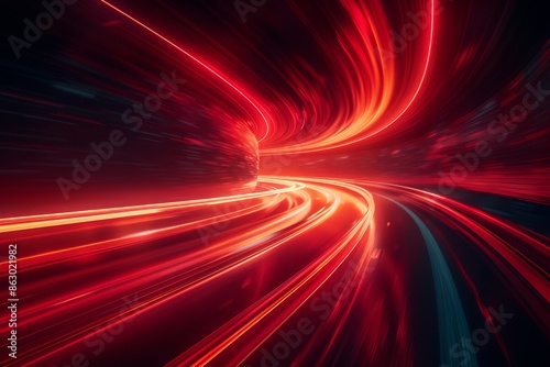 Abstract red lines depict the speed of the road in red. Red light trails on a dark background, with a high speed and fast motion blur effect.