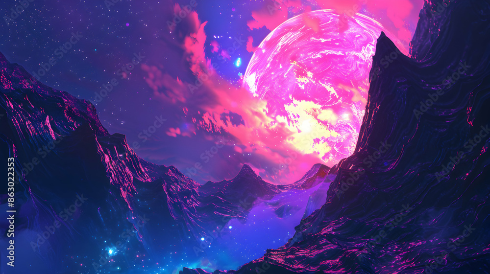 Obraz premium Neon Dreamscape: A Purple and Pink Planet Over Mountains