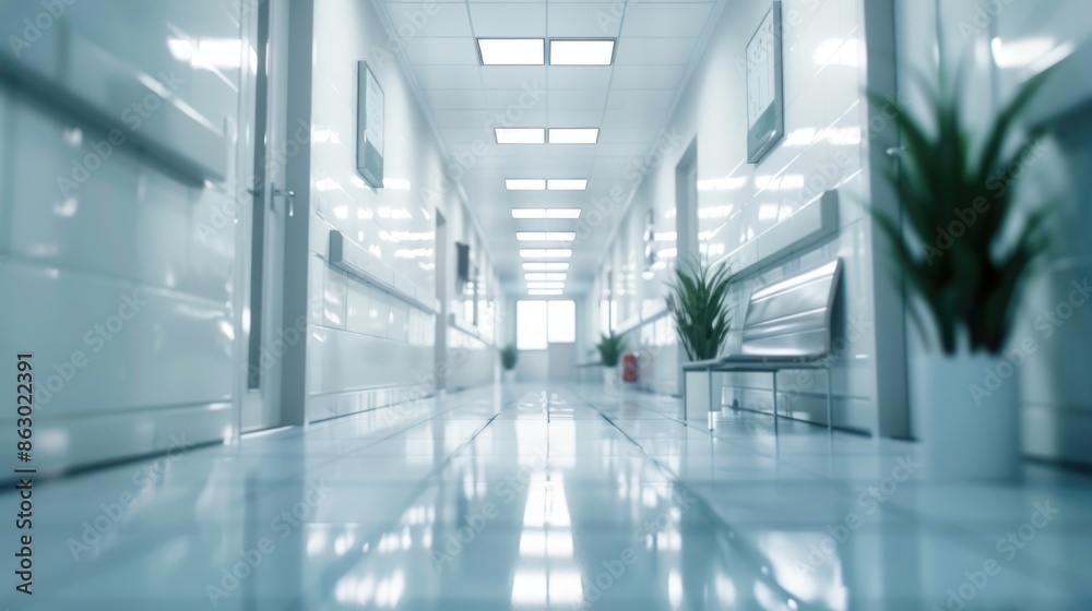 A long hallway with a central plant, ideal for office or hotel use A long hallway with a central plant, ideal for office or hotel use