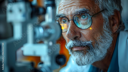 Eye health visualization Man retinitis pigmentosa Comprehensive visual examination of the retina showing progressive vision loss photo
