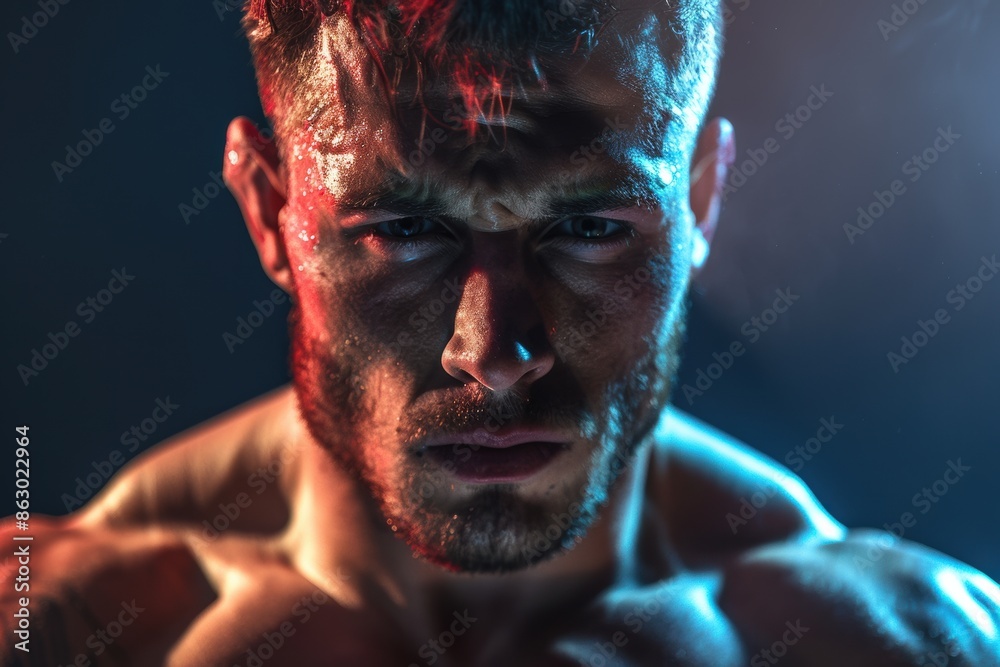 Focused and strong, a male wrestler's portrait radiates determination and preparedness for the match. Focused and strong, a male wrestler's portrait radiates determination and preparedness for the match.