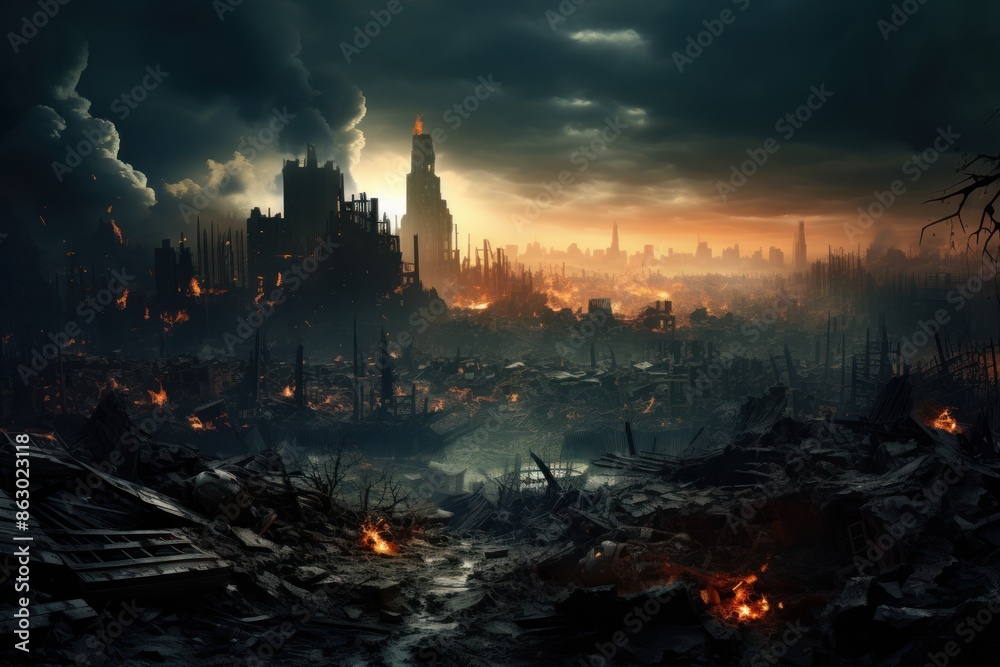Destroyed city, burning buildings, apocalyptic. AI generated AI generated Destroyed city, burning buildings, apocalyptic. AI generated AI generated