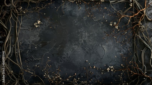Dark fantasy Gothic backdrop framed with dry branches, thorns, ivy, and white flowers. Old black worn grunge background