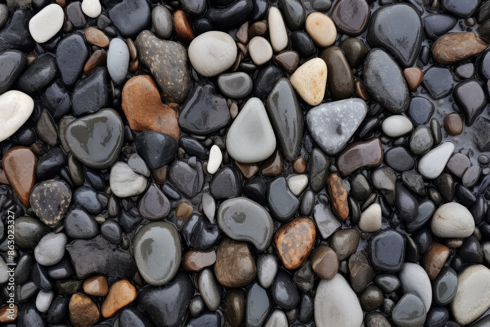 Processed collage of wet pebble stones on asphalt texture. Background for banner, backdrop Processed collage of wet pebble stones on asphalt texture. Background for banner, backdrop