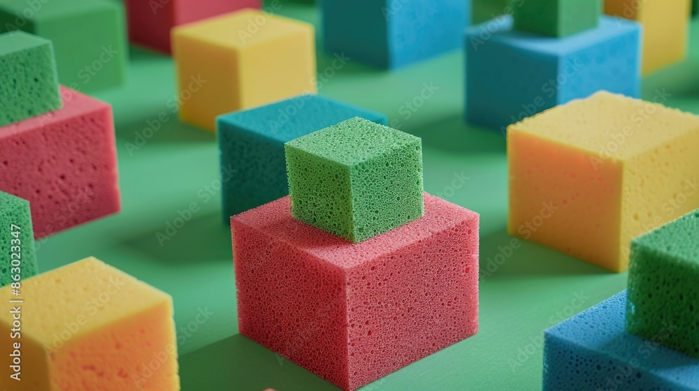 A group of colorful blocks arranged on a green surface, perfect for illustrations and design projects A group of colorful blocks arranged on a green surface, perfect for illustrations and design projects