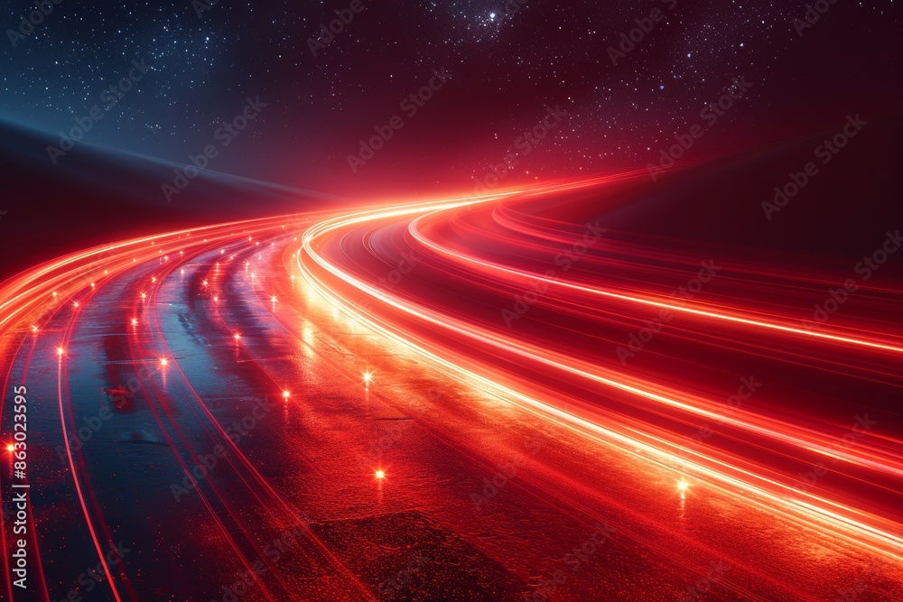 Abstract red lines depict the speed of the road in red. Red light trails on a dark background, Design of albums, notebooks, banners, postcards, posters Abstract red lines depict the speed of the road in red. Red light trails on a dark background, Design of albums, notebooks, banners, postcards, posters