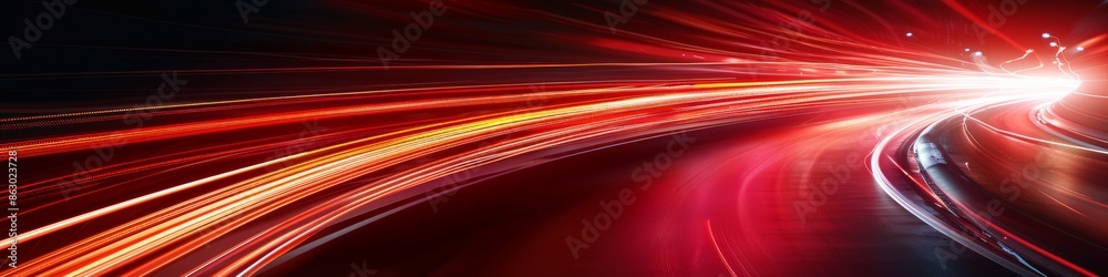 Abstract red lines depict the speed of the road in red. Red light trails on a dark background, Design of albums, notebooks, banners, postcards, posters Abstract red lines depict the speed of the road in red. Red light trails on a dark background, Design of albums, notebooks, banners, postcards, posters