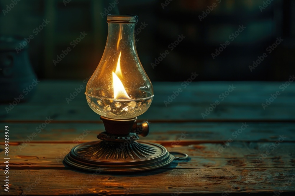 Small oil lamp sits on wooden table, great for still life photography or decorative scenes Small oil lamp sits on wooden table, great for still life photography or decorative scenes