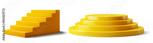 Bright yellow 3d geometric steps isolated on a white background, vector illustration of 3D stairs. 3D Yellow Podiums and Steps for Product Display and Presentation