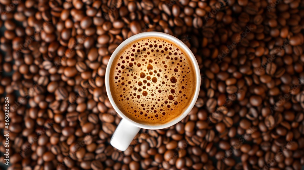 A cup of coffee sits atop a bed of coffee beans, showcasing rich, inviting textures and a perfect crema. A cup of coffee sits atop a bed of coffee beans, showcasing rich, inviting textures and a perfect crema.