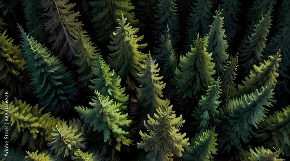 Aerial perspective of a coniferous forest, with tall evergreens creating a dense, dark green canopy.