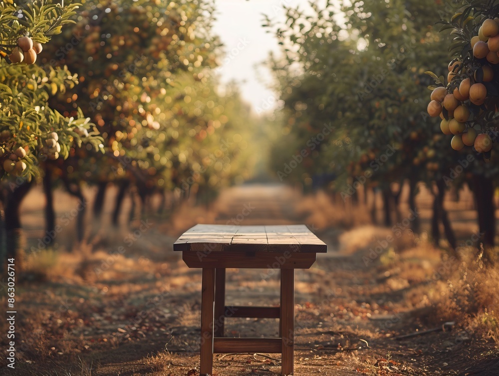 A rustic wooden bench in an orchard lit by golden sunlight, surrounded by fruit-bearing trees creating a tranquil, dreamy atmosphere.