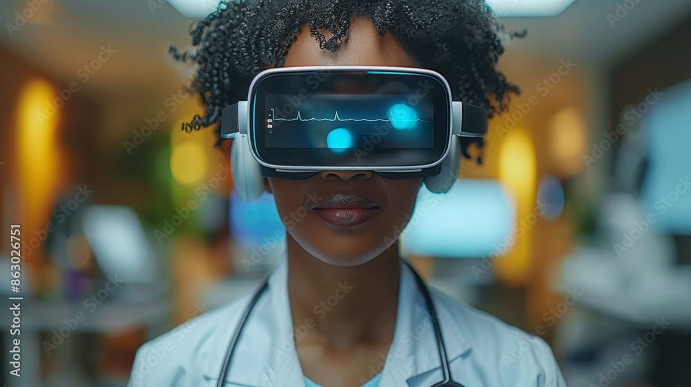 A doctor wearing smart glasses interacting with a virtual medical assistant that provides real-time guidance and support. A doctor wearing smart glasses interacting with a virtual medical assistant that provides real-time guidance and support.
