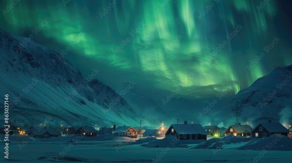 Aurora borealis lights up the night sky above a small town, with green and purple hues Aurora borealis lights up the night sky above a small town, with green and purple hues