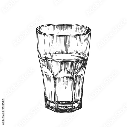 Vector hand-drawn vintage illustration of a glass of water in the style of an engraving. A sketch of a tumbler half filled with liquid