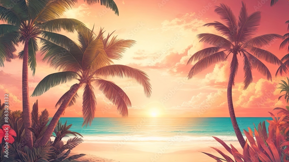 Vibrant tropical colors and textures are combined with vintage charm in this artistic summer collage with palm trees and beach scenes in sunset tones. Vibrant tropical colors and textures are combined with vintage charm in this artistic summer collage with palm trees and beach scenes in sunset tones.