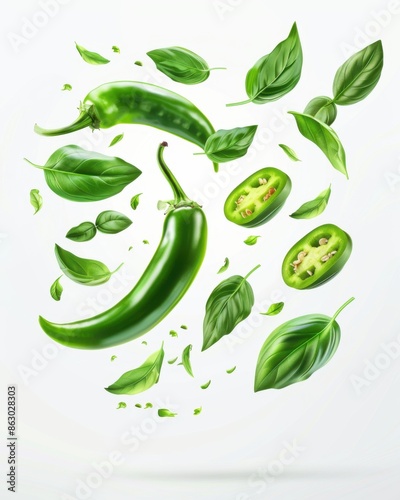 Green Jalapeno: Flying Jalapeno Peppers and Fresh Basil Leaves in Aromatic Composition