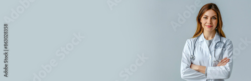 Portrait of a young blonde female doctor with a stethoscope around her neck and in a medical uniform on a gray isolated background, copy space, banner