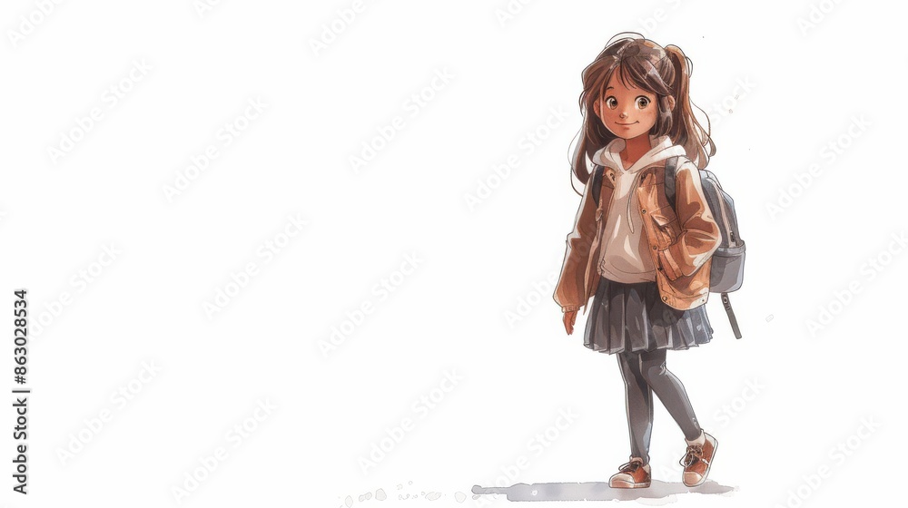 Fototapeta premium Charming Watercolor Illustration of a Young Girl Walking with a Backpack.
