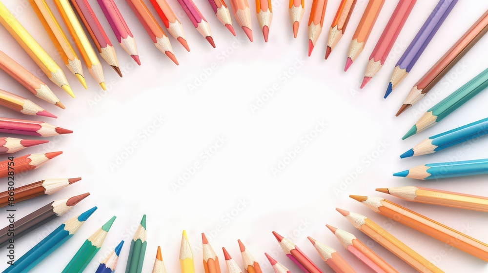 Fototapeta premium Vibrant Colored Pencils Arranged in a Creative Circular Pattern on White Background.