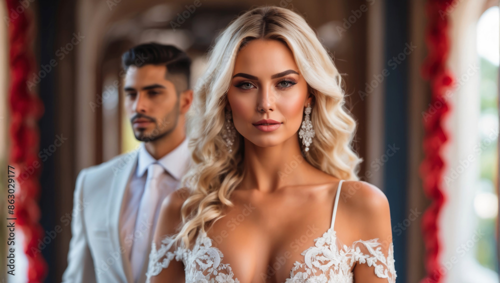 A beautiful blonde bride with her groom in the background A beautiful blonde bride with her groom in the background