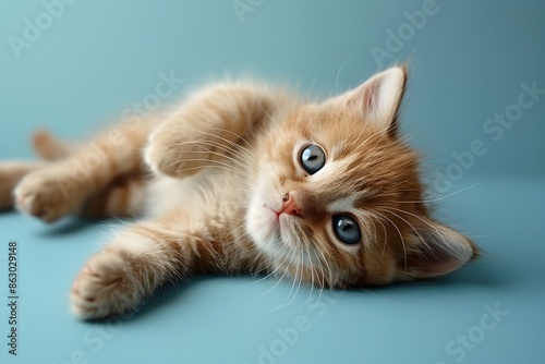 Adorable Ginger Kitten Relaxing on a Blue Surface © Valentin
