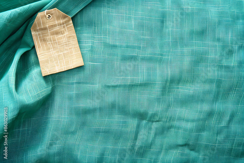 "Blank Blue Laundry Care Label on Green Shirt Fabric Texture"