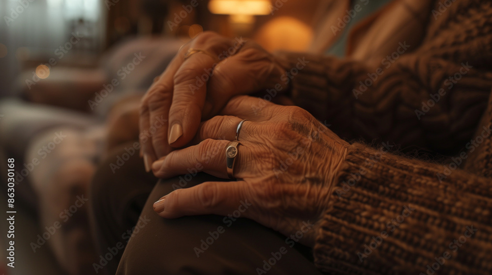 A close-up shot of an elderly couple's hands clasped together, showcasing their wedding rings, blurred background of a cozy living room with soft lighting. A close-up shot of an elderly couple's hands clasped together, showcasing their wedding rings, blurred background of a cozy living room with soft lighting.