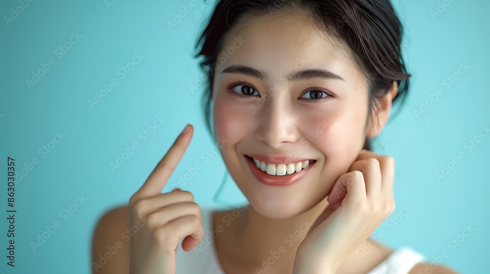 Japanese woman in her late thirties, smiling and pointing to the side of her face with one finger while looking at camera. She is wearing a white sleeveless top on a light blue background. The focus Japanese woman in her late thirties, smiling and pointing to the side of her face with one finger while looking at camera. She is wearing a white sleeveless top on a light blue background. The focus