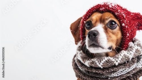 Puppy in winter gear gazes above blank white space © TheWaterMeloonProjec