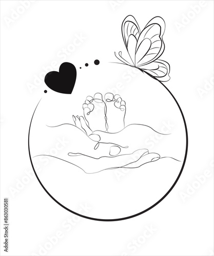 Handdrawn line art style mom and baby illustration art.