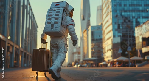 Astronaut Walking Through City Street With Luggage at Sunset