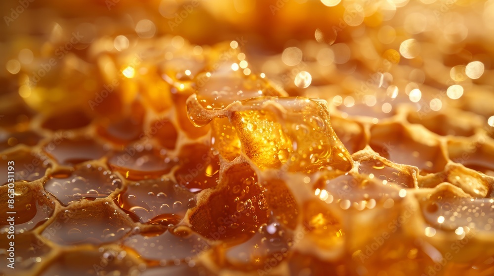 A macro photograph of a honeycomb filled with golden honey droplets, glistening under a warm light. A macro photograph of a honeycomb filled with golden honey droplets, glistening under a warm light.