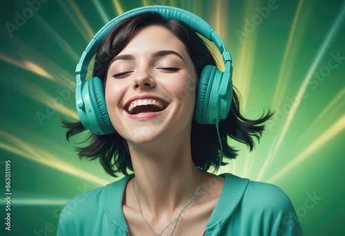 Wallpaper Mural Happy Girl with Over-Ear Wireless Headphones Full-Body Photo of Enthusiastic Smiling and Beaming with Glaring Beautiful Eyes Torontodigital.ca
