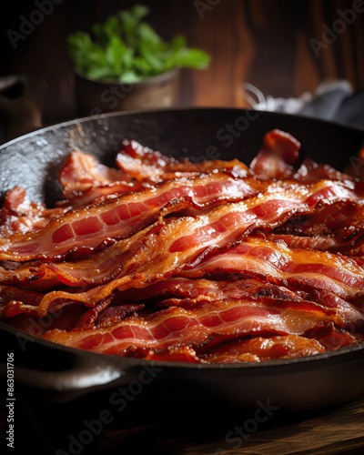 Crispy cooked bacon strips in a cast-iron skillet, garnished with fresh parsley, ready for a delicious breakfast or brunch.