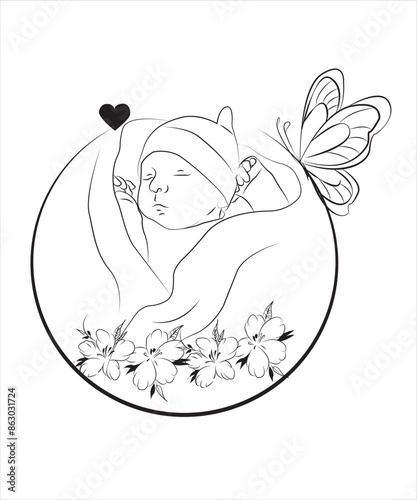 Handdrawn line art style mom and baby illustration art.