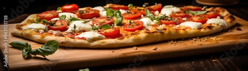 Delicious freshly baked rectangular pizza topped with mozzarella, basil, and tomato slices, served on a wooden board in a cozy setting.
