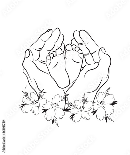 Handdrawn line art style mom and baby illustration art.