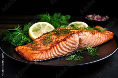 Delicious grilled salmon garnished with fresh herbs and lemon slices on a black plate. Perfect for a healthy and tasty meal.