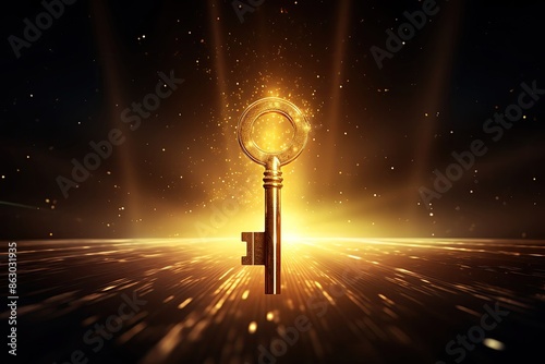 Golden key emitting bright light on a starry background, symbolizing success, mystery, and opportunity.