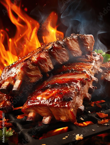 Juicy barbecue ribs grilled to perfection over a fiery flame, showcasing smoky meat with a mouth-watering glaze.