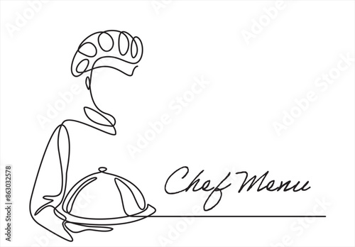 Continuous one line drawing of chef give tasting good gesture while serving main dish at restaurant. Chef menu. Delicious food taste trendy one line hand drawn vector illustration minimalism 