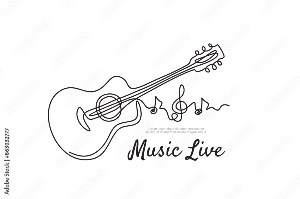 Obraz premium One line acoustic guitar illustration with notes. Music live. Music band instrument line art. steel guitar logo icons vector design. 