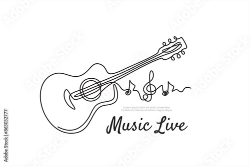 One line acoustic guitar illustration with notes. Music live. Music band instrument line art. steel guitar logo icons vector design.	