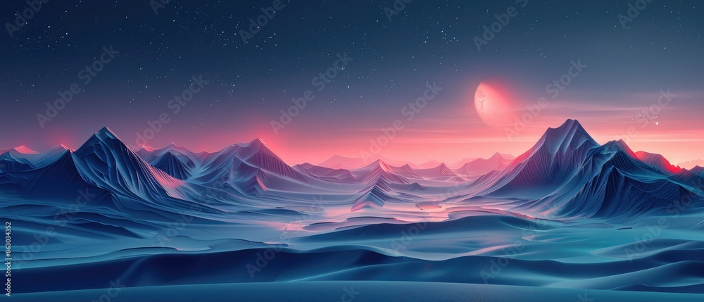 Futuristic alien landscape with glowing mountains under a starry sky and red moon. Perfect for sci-fi and fantasy themes. Futuristic alien landscape with glowing mountains under a starry sky and red moon. Perfect for sci-fi and fantasy themes.