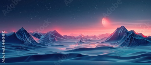 Futuristic alien landscape with glowing mountains under a starry sky and red moon. Perfect for sci-fi and fantasy themes. photo