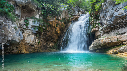Serene waterfall cascading into a turquoise pool below.