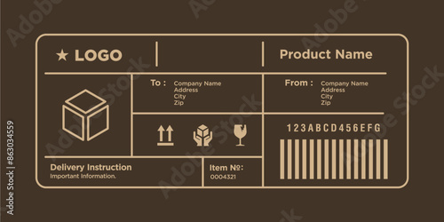 Cargo delivery sticker vector. Shipment label template. Delivery mockup. Fragile, handle icon. Information about company recipient. Vector illustration