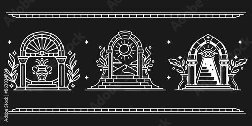 Boho temple and Arch Set in Trendy Minimal Line Style with Sun and Stars. Vector Bohemian Border. Art deco arch frames, arcs, doors or borders vector set. Ornate archways and doorways in Boho style. 