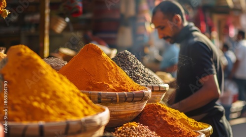 Fototapeta Naklejka Na Ścianę i Meble -  Amid the vibrant bustling Marrakech market a curious explorer examines exotic spices and radiant textiles basking in the warm August glow